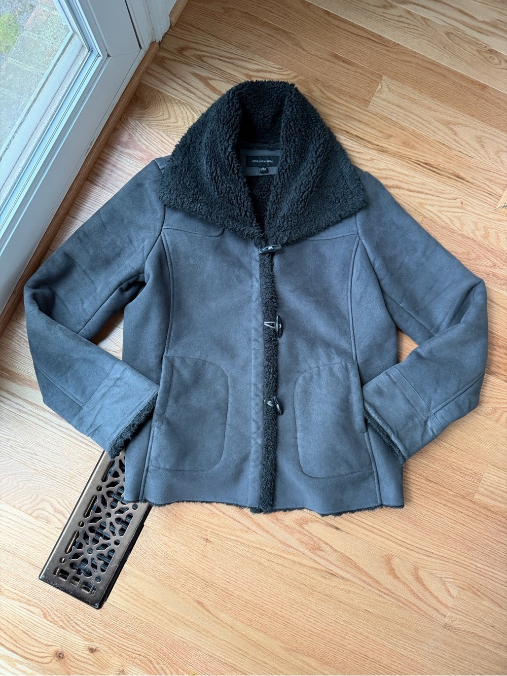 Jones New York Faux Shearling Jacket XL Brown Teddy Coat Minimal Luxe